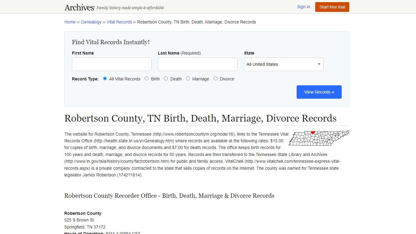 Robertson County, TN Birth, Death, Marriage, Divorce Records